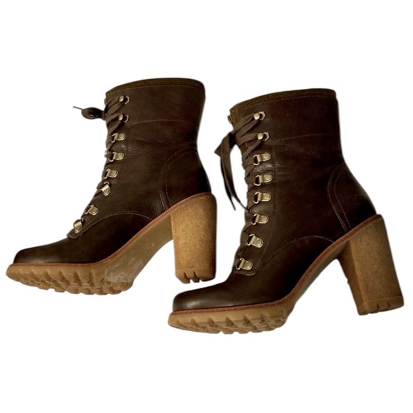 UGG Fabrice Sheepskin Lace Up Zip Chunky Heel in Brown/Olive Size 10 - Flaw - Picture 5 of 11